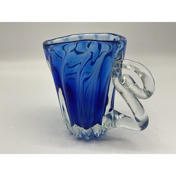 Hand Blown Art Glass Mis-Shapened Blue and Clear Glass 5.25 Inches Tall w/Handle - Picture 7 of 16